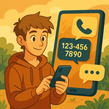 Jaunas vyras šypsosi, vilkėdamas sukapotą džemperį, naudojantis išmanųjį telefoną, su dideliu telefono ekranu fone, kuriame rodomas skambinimo ikona ir fiktyvus telefono numeris (123-456-7890), stilizuotoje ir šiltoje lauko aplinkoje