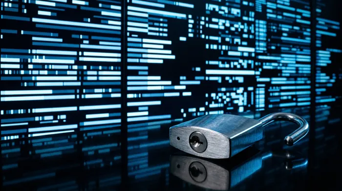 Ranka, laikanti išmanųjį telefoną, kuriame rodomi pokalbių burbulai su mėlynos šviesos dryžių ir energijos kibirkščių vizualiniu efektu juodame fone.