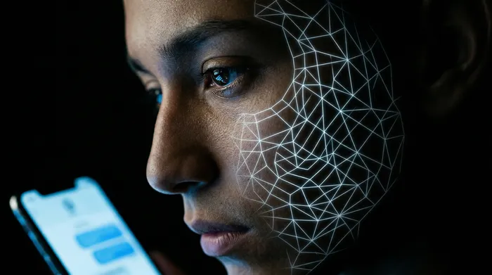 Ranka, laikanti išmanųjį telefoną, kurio pranešimų sąsajoje rodoma spynos piktograma, apsupta šviečiančių skaitmeninių jungčių tinklo juodame fone, iliustruojanti mobiliųjų duomenų saugumą.