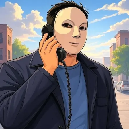 Vyras, vilkintis baltą kaukę, tamsią striukę ir mėlyną marškinėlį, kalba į senovinio juodo telefono ragelį, fone matoma miesto gatvė.