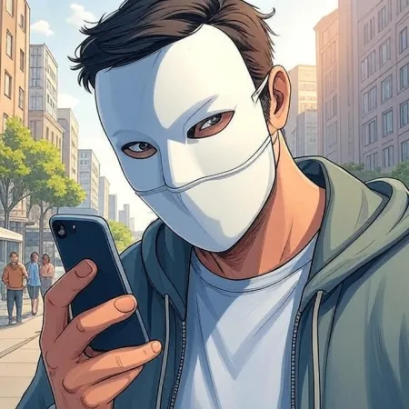 Vyras su baltu kauke ir kapuce žiūri į savo mobilųjį telefoną miesto gatvėje. Vaizdas sukurtas animacijos arba komiksų stiliumi.